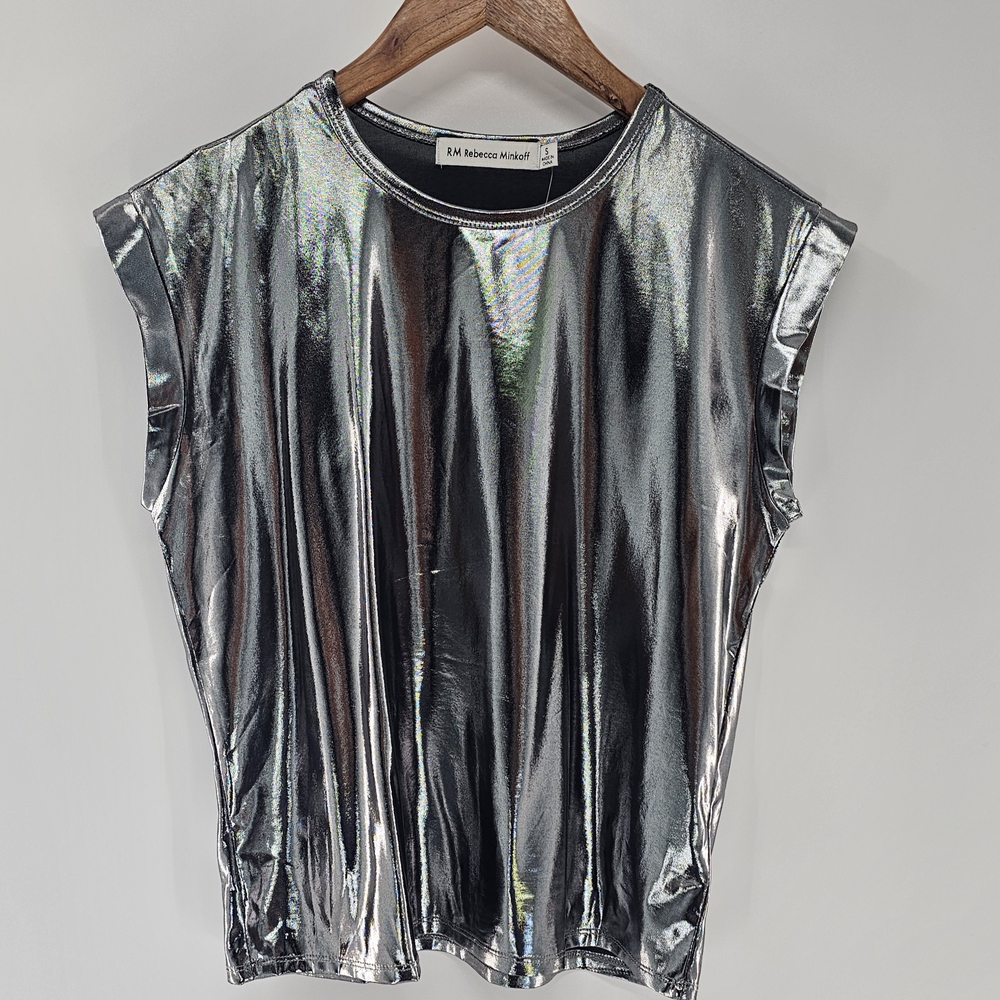 Rebecca Minkoff Metallic Silver Boxy Muscle Tee Womens Size Small